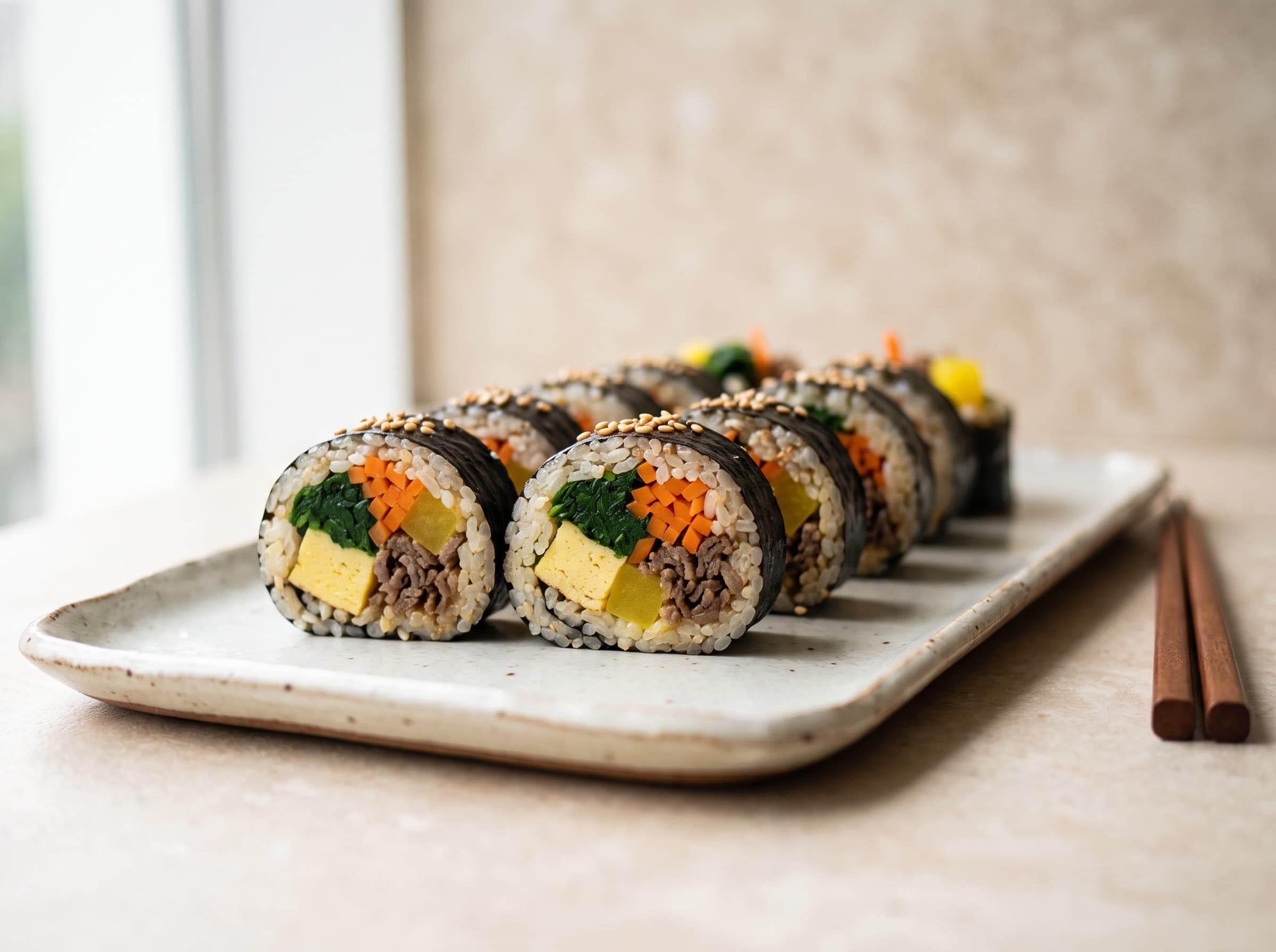 Close-up of evenly cut kimbap in a clean row on an ivory ceramic tray, soft daylight, minimal styling