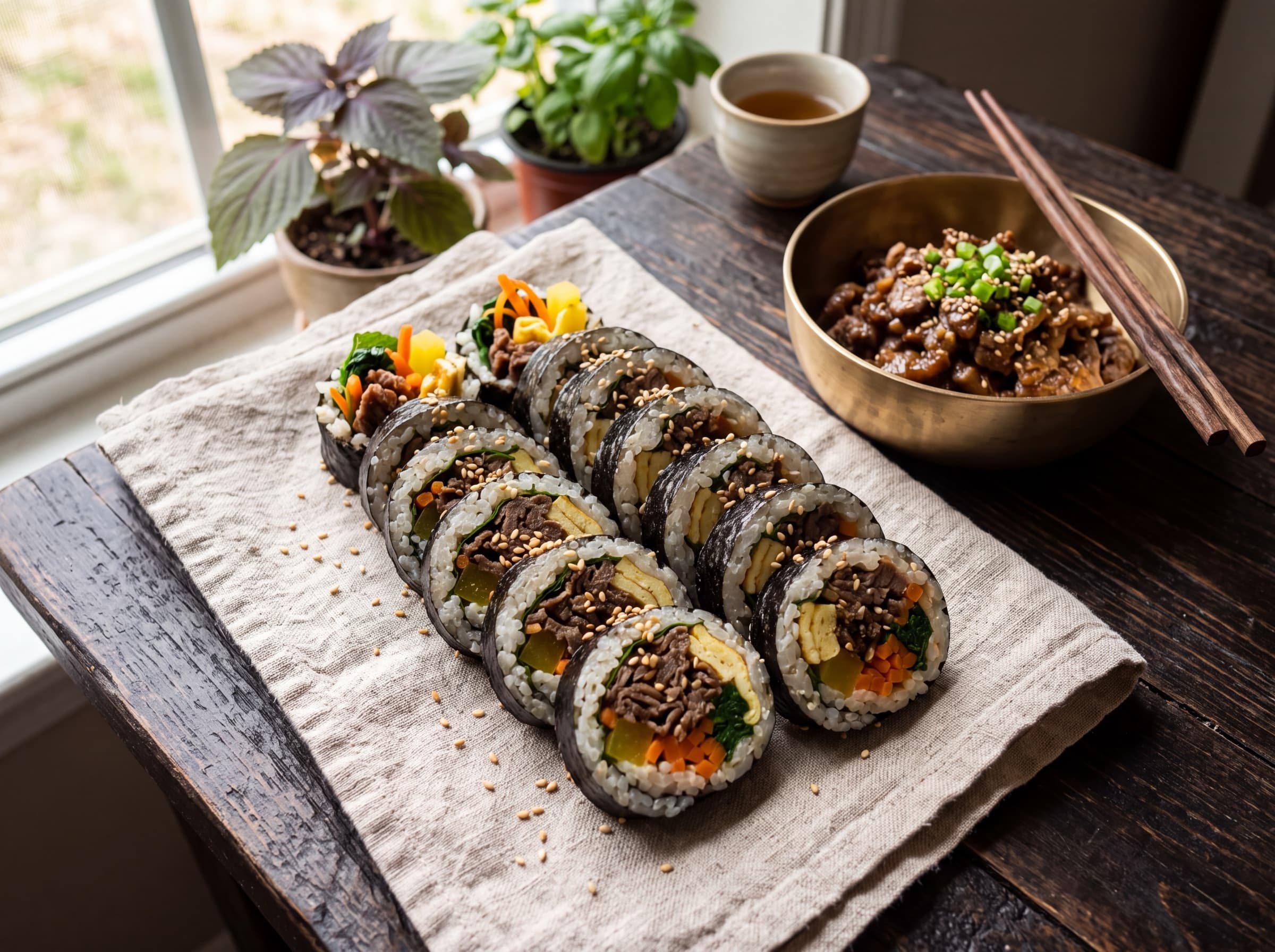 Bulgogi kimbap fanned on a linen napkin, natural window light
