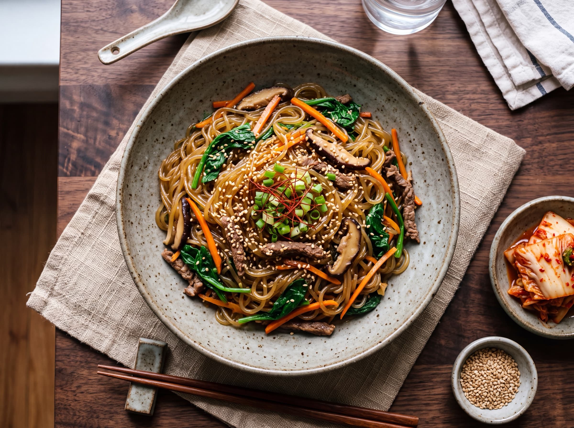 Japchae in a wide ceramic bowl, glossy noodles