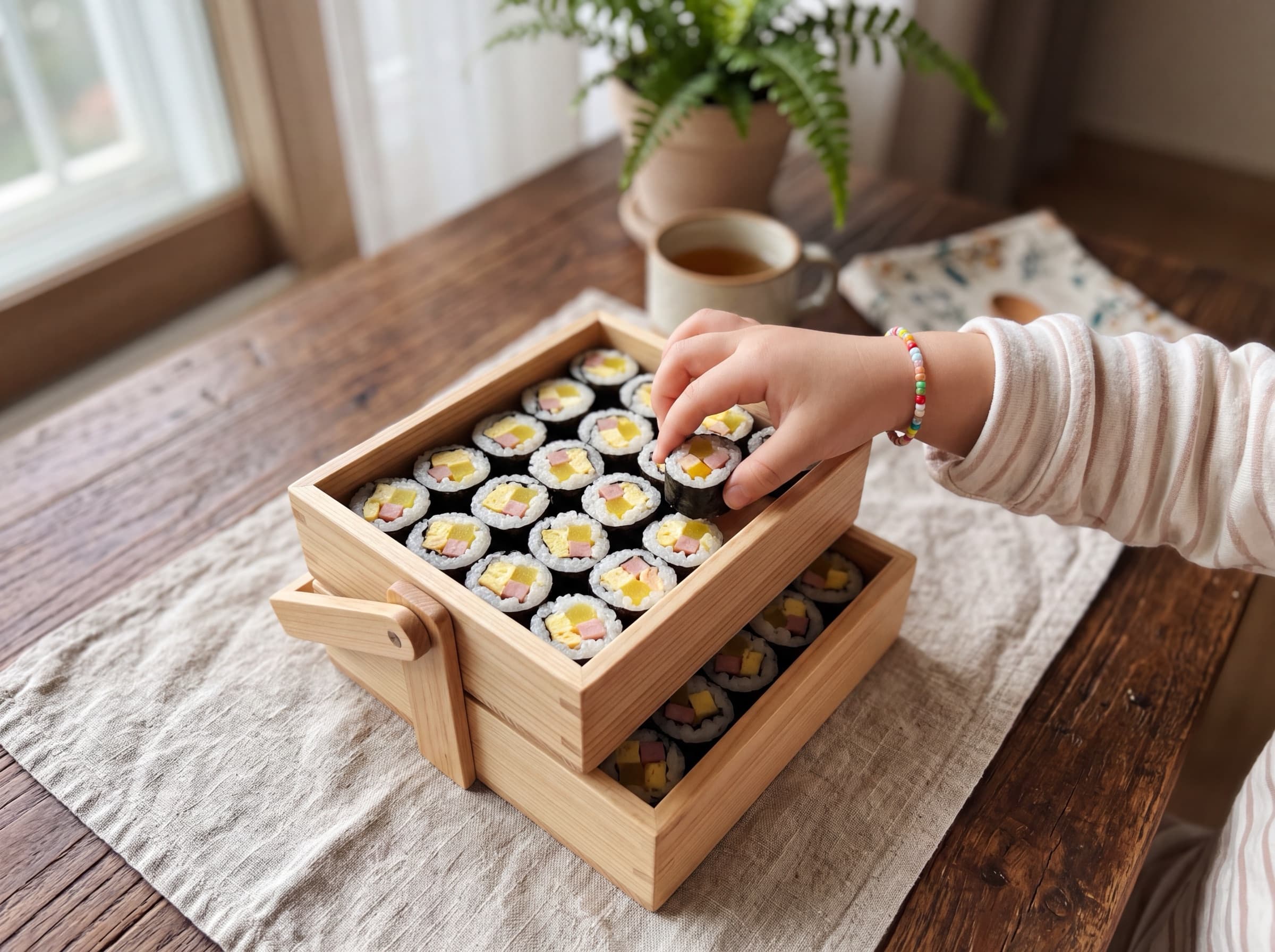 Mini kimbap in a small tiered box, child's hand reaching in