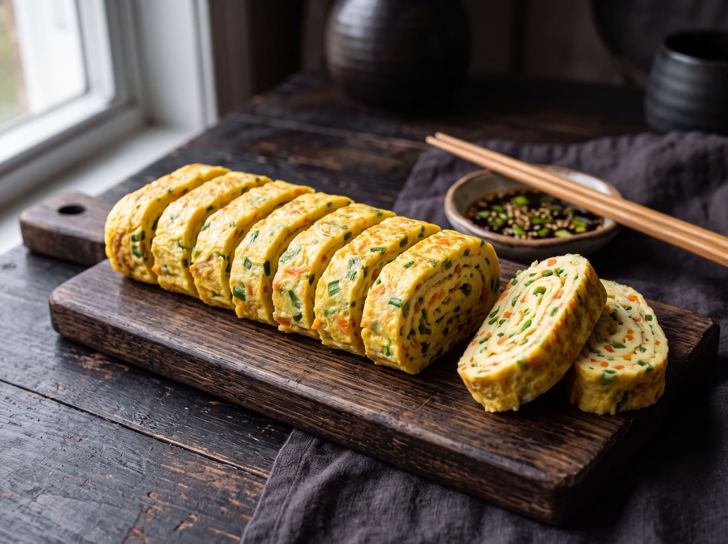 Sliced rolled omelette on a small wooden board