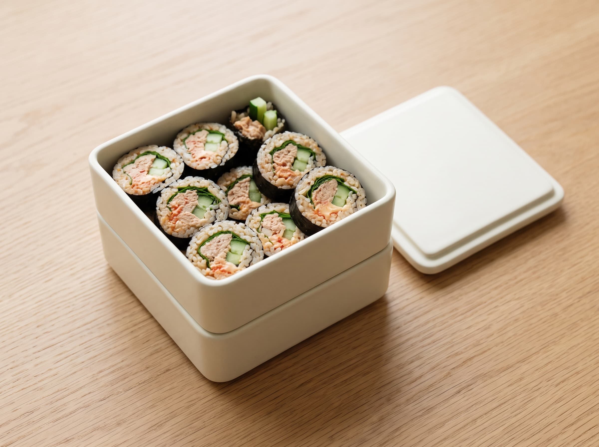 Spicy Tuna kimbap in an open tiered box on light oak, lid lifted, perilla leaf visible