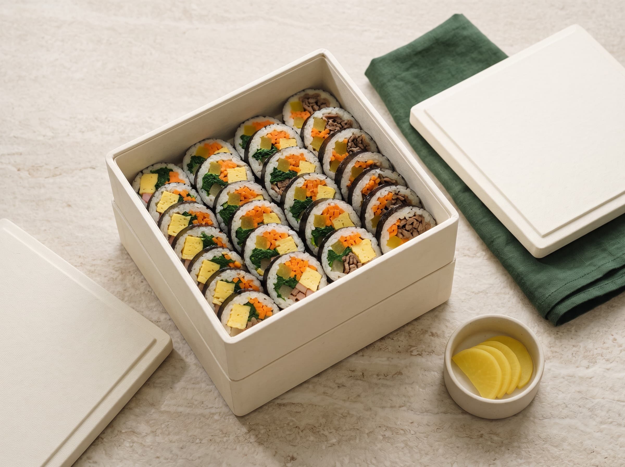 Overhead photo of the assorted platter in an open tiered ivory box on pale stone, four kinds in rows