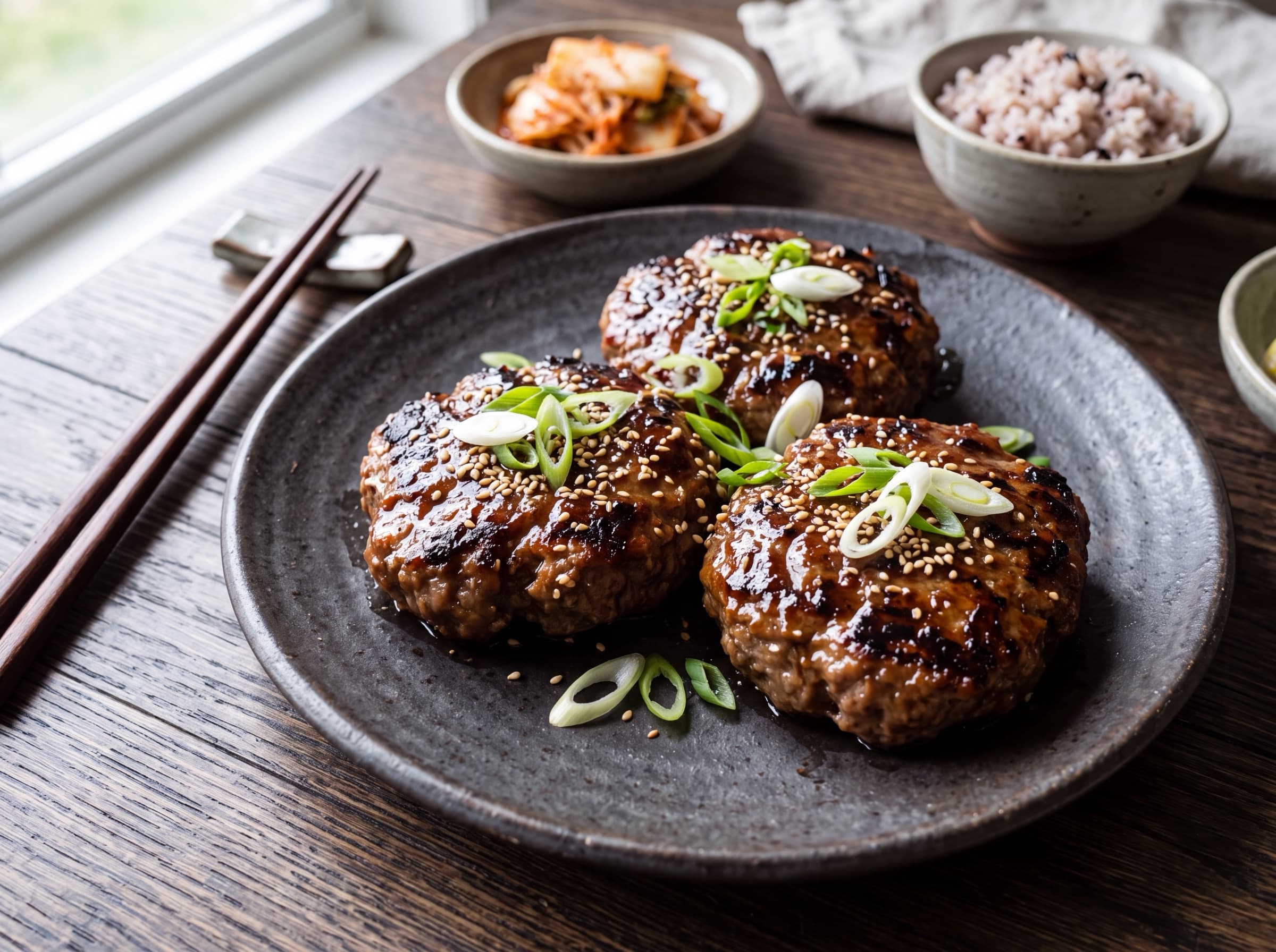 Tteokgalbi patties on a dark plate with sesame