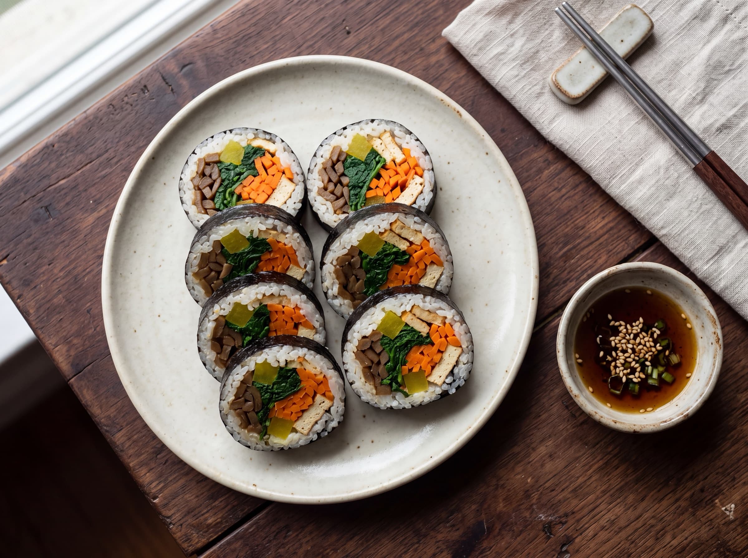 Vegetarian kimbap cross-section on ivory ceramic, green and orange tones