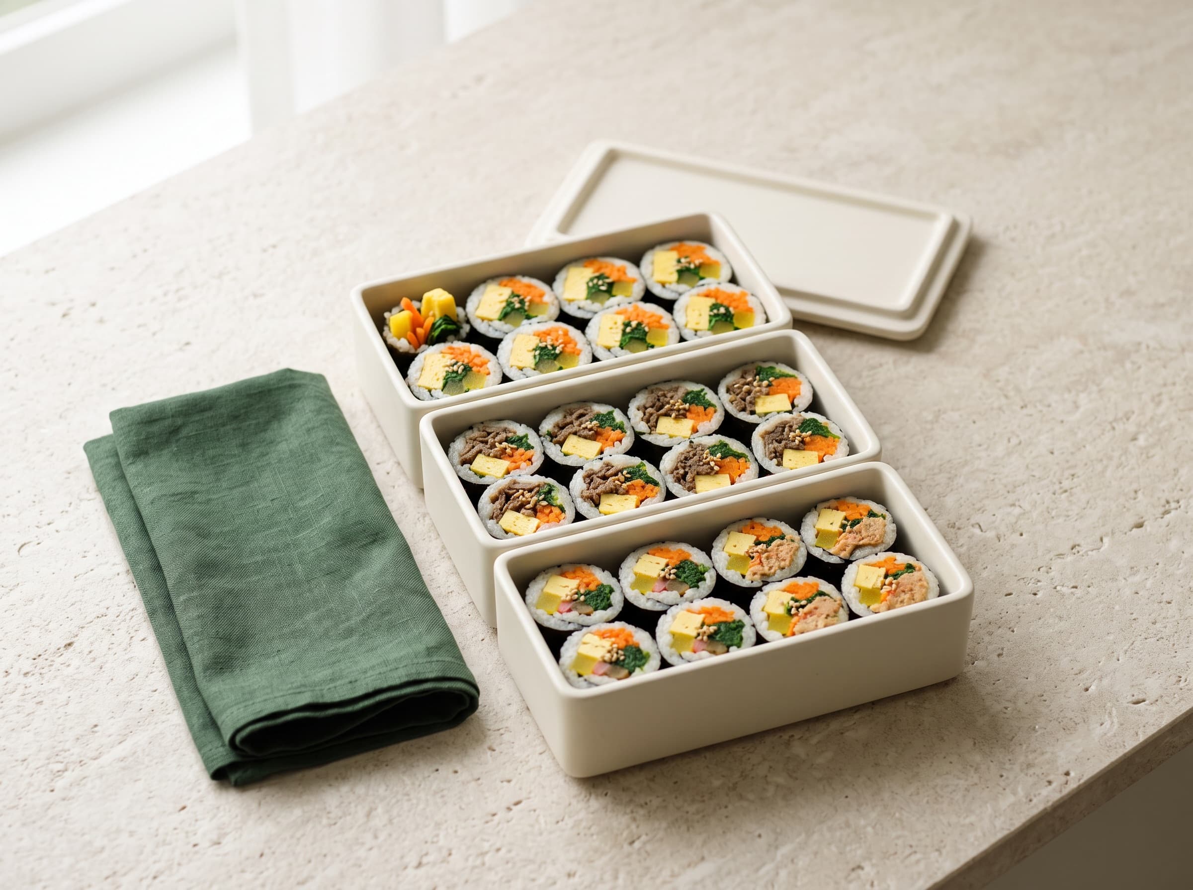 An open tiered ivory box on pale stone, rows of cut kimbap by kind, a folded green linen napkin beside it