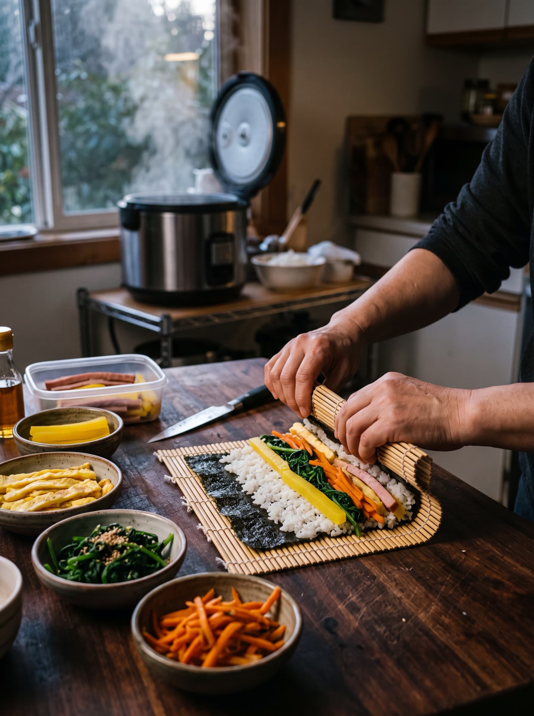 Portrait of hands rolling kimbap on a bamboo mat, early morning light, dark wood counter